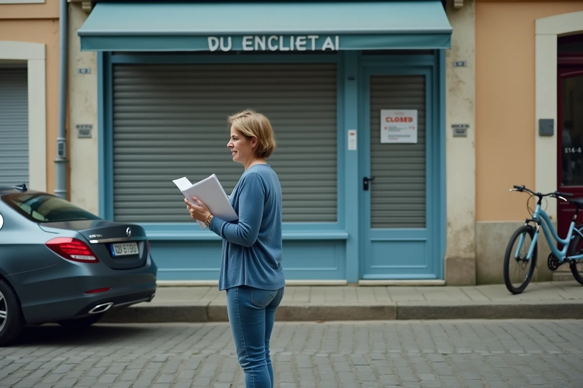 Femme regardant une agence de location fermée