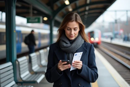 Femme d'âge moyen avec manteau regardant son smartphone