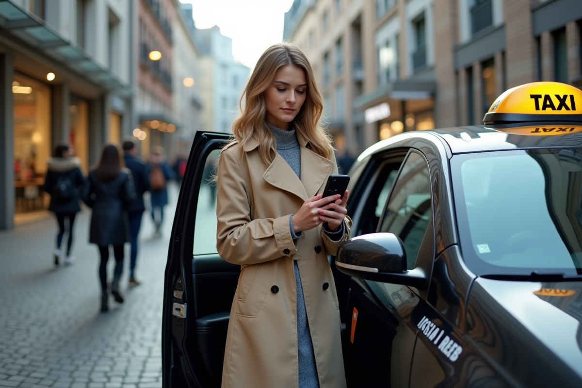 Jeune femme sortant d’un taxi en ville animée