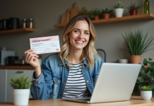 Femme souriante avec chèquevacances dans une cuisine chaleureuse