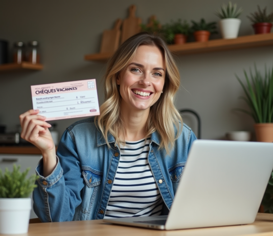 Chèques-vacances gratuits : les astuces pour en obtenir facilement Femme souriante avec chèquevacances dans une cuisine chaleureuse