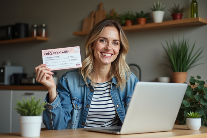 Femme souriante avec chèquevacances dans une cuisine chaleureuse