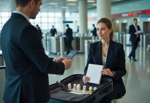 Médicaments en valise cabine : que dit la réglementation aérienne ? Femme en costume vérifiant ses médicaments à la sécurité