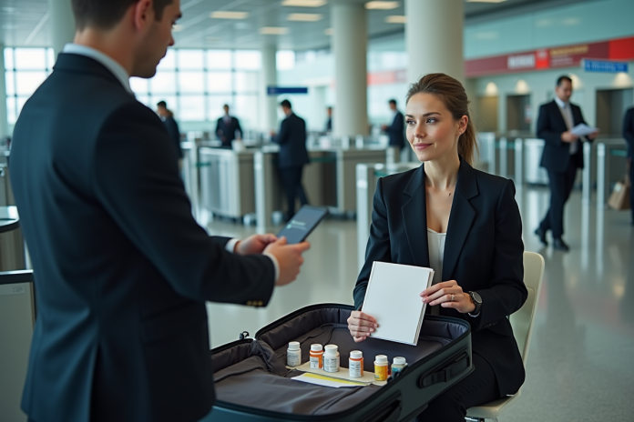 femme-surexamen-security Femme en costume vérifiant ses médicaments à la sécurité