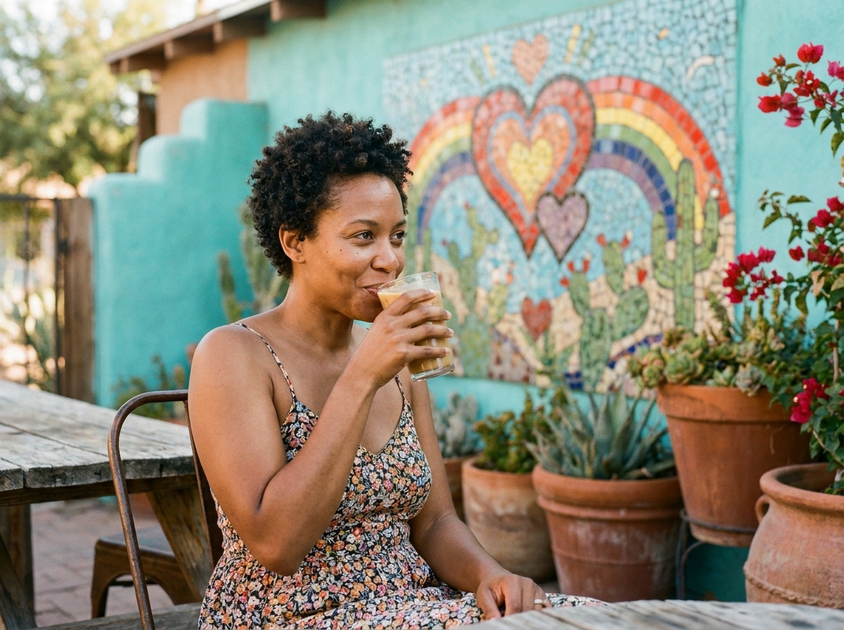 Femme se reposant en terrasse devant une fresque LGBTQ+ colorée sur un mur adobe dans le désert américain