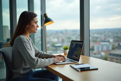 Jeune femme au bureau regardant son ordinateur portable