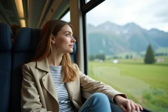 Jeune femme dans un train regardant le paysage