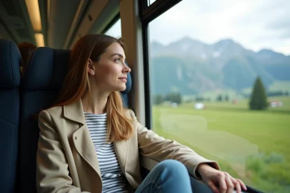 Jeune femme dans un train regardant le paysage