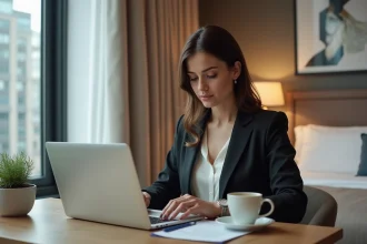 Femme en tenue professionnelle travaillant sur un laptop dans une chambre d'hôtel