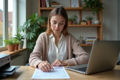Femme vérifiant un formulaire DS160 dans son bureau moderne