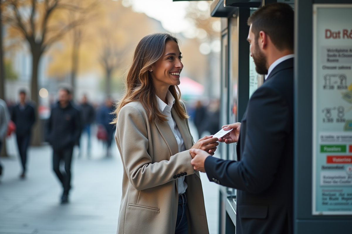 Jeune femme recevant un chèque vacances en ville