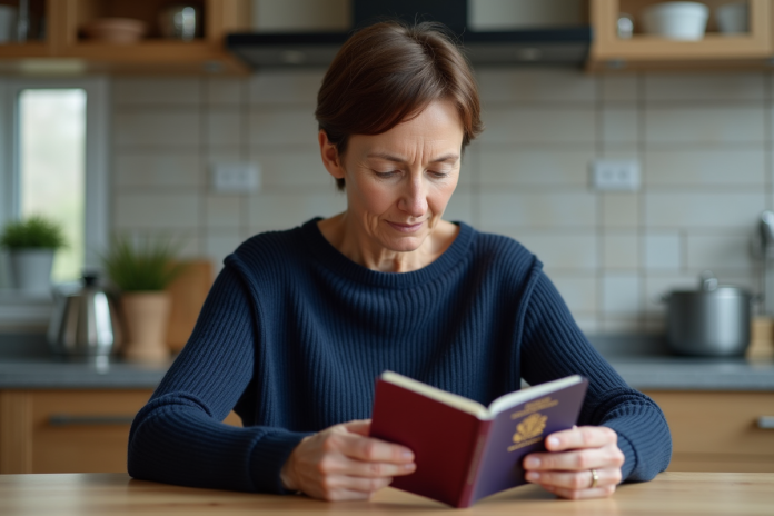 femme-verifiant-passeport Femme vérifiant la date d'expiration de son passeport