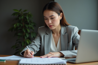 Femme d affaires vérifiant des documents de visa dans un bureau