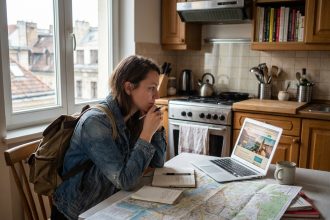 Jeune femme voyageant avec cartes et ordinateur dans la cuisine