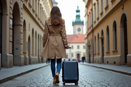 Jeune femme avec valise dans les rues de Prague