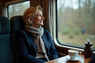 Femme élégante regardant par la fenêtre d'un train rapide