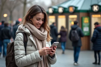 Fille souriante vérifiant son smartphone devant un parc parisien