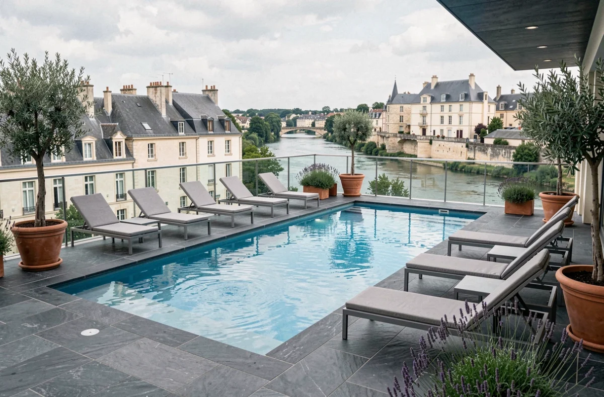 Piscine extérieure élégante du Fleur de Loire à Blois avec vue sur la ville et la Loire en arrière-plan