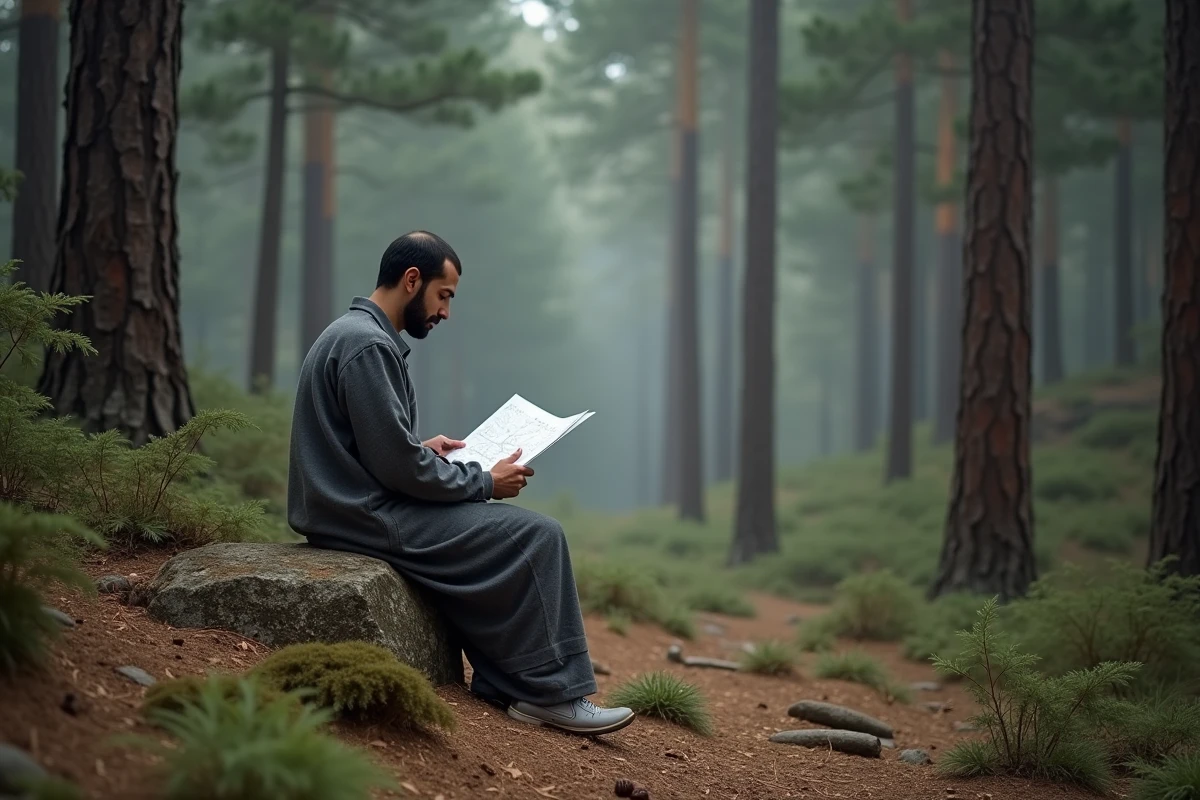 Homme en burnous gris consultant une carte topographique assis dans la forêt de cèdres de l'Atlas moyen près d'Azrou au Maroc