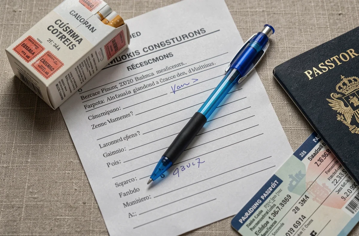 Vue aérienne d'une déclaration douanière française, d'un carton de cigarettes espagnoles avec vignette fiscale et d'un passeport sur fond de lin beige
