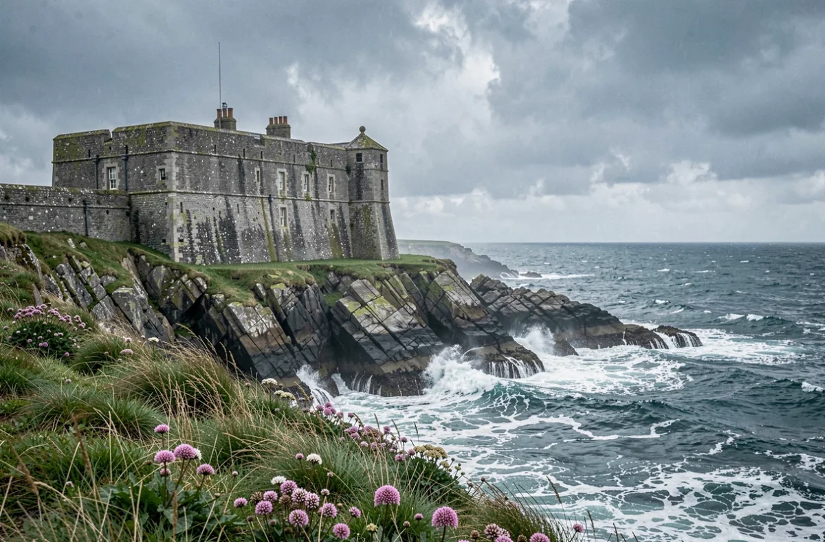 Fort du Cap Lévi, forteresse en granit sur le cap rocheux face à la Manche avec vue sur les flots agités