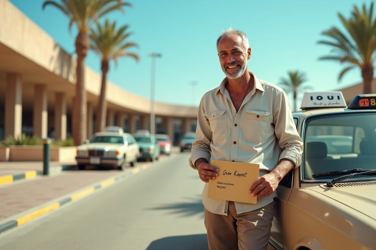 Chauffeur de grand taxi marocain attendant des passagers à la sortie arrivées de l'aéroport d'Agadir