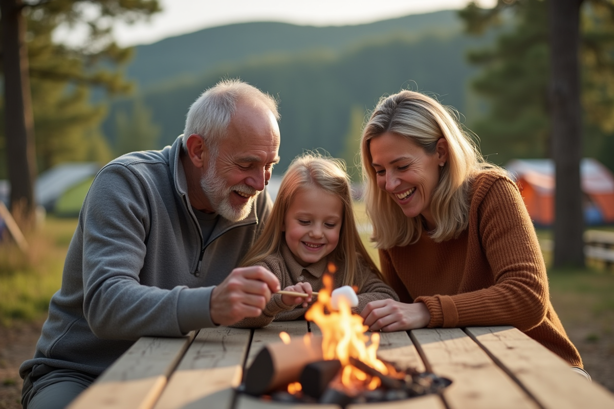 Grands-parents aidant leur petite fille à griller des marshmallows
