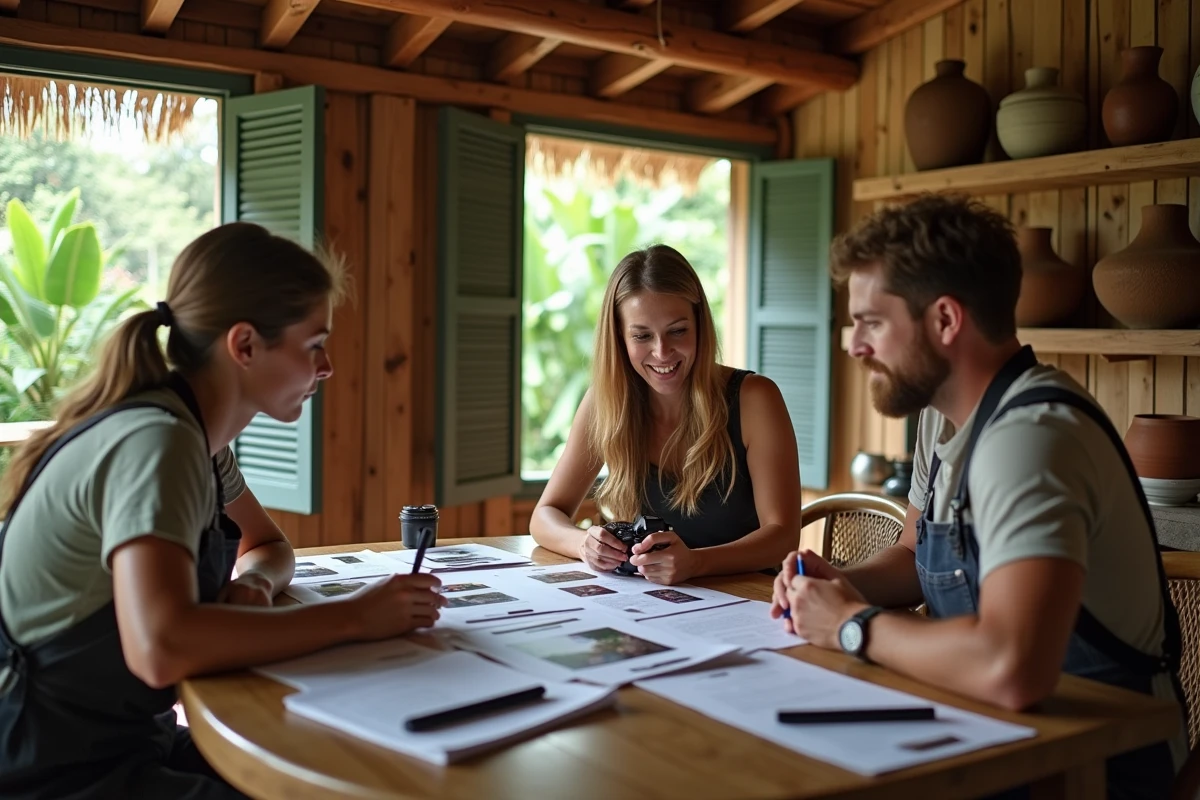 Groupe de photographes voyageurs qui planifient ensemble un séjour photo autour d'une table dans une maison d'hôtes avec les brochures Aguila Voyage OneStrip