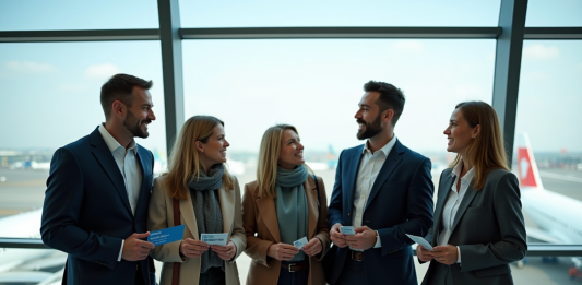 Compagnie aérienne : avantages d’appartenir à une alliance internationale Groupe de voyageurs d'affaires à l'aéroport