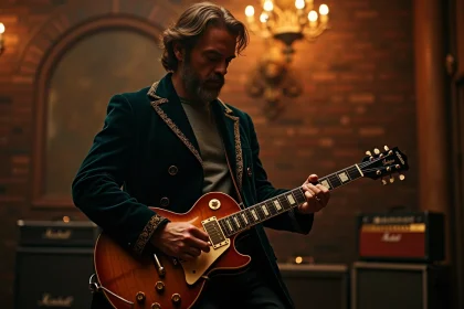 Guitariste en manteau de velours jouant une guitare électrique vintage sur une scène mêlant décor baroque et équipement rock