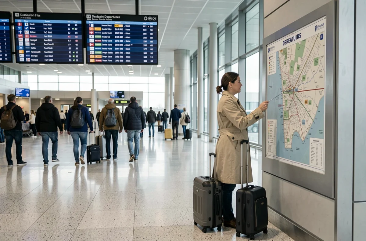 Hall de départs intérieur du terminal TUI Fly à Orly avec plan et panneaux d'information voyageurs
