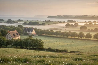 Vue panoramique de la campagne normande avec ses prairies verdoyantes, ses fermes à colombages et son littoral brumeux, illustrant les hébergements insolites en Normandie