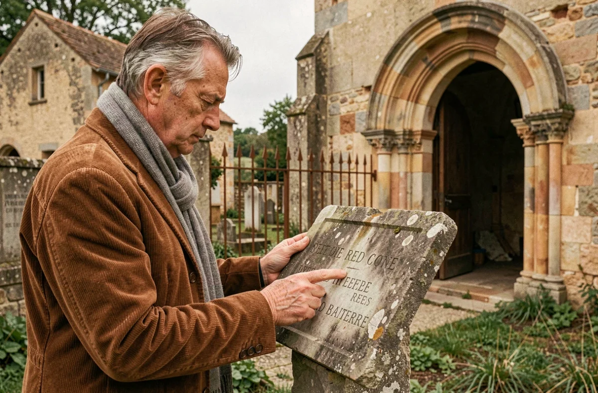 Historien examinant une plaque commémorative devant une église abandonnée dans un village fantôme de Dordogne