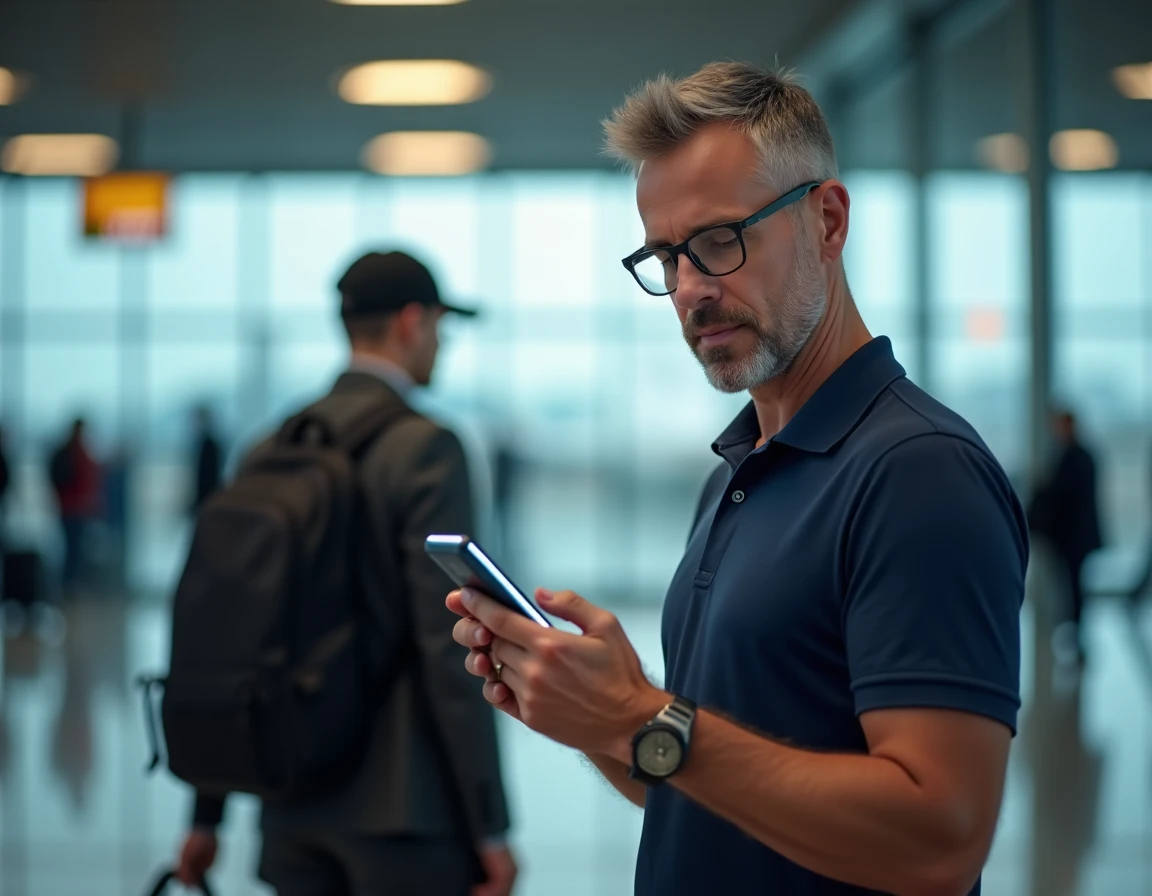 Homme à l'aéroport vérifiant les prix de vols sur Google Flights via son smartphone