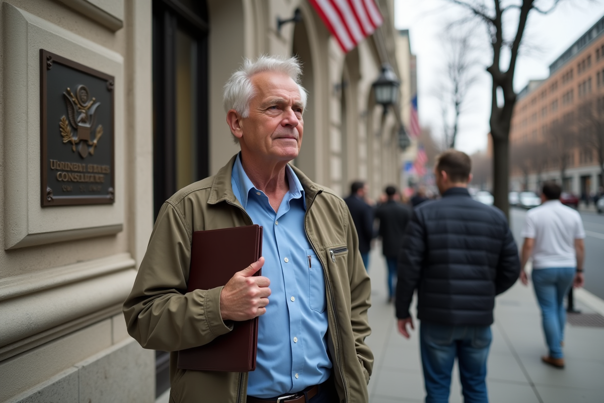 Homme patient en ligne devant ambassade des Etats-Unis