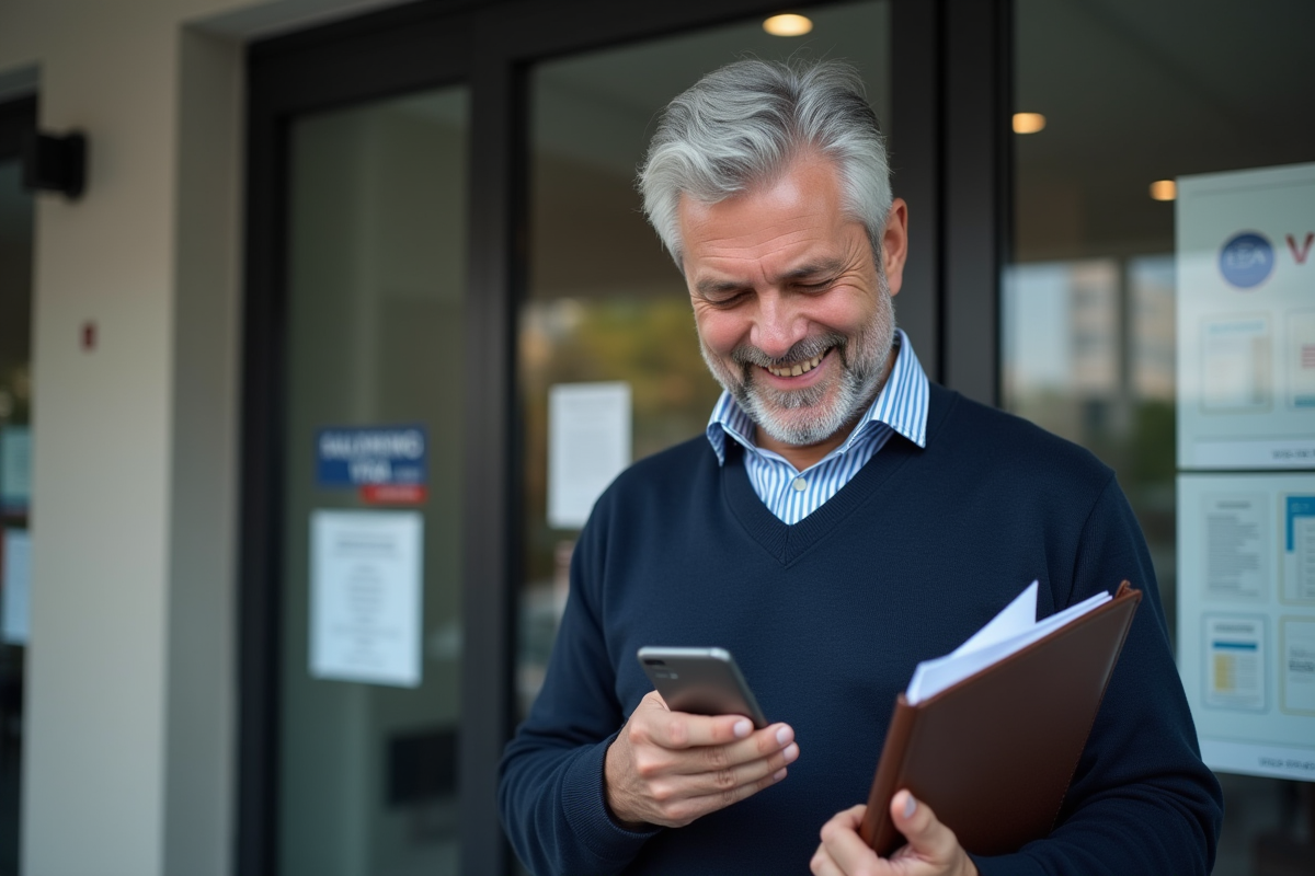 Homme détendu devant un centre de demande de visa extérieur