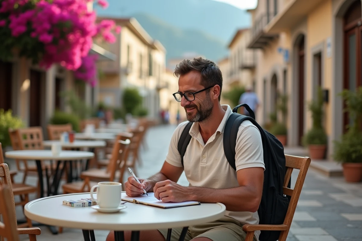 Homme comptant des pièces de monnaie dans un café en voyage