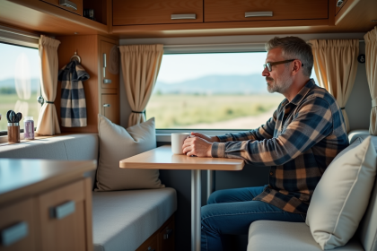 Homme détendu dans un van moderne avec tasse à la main