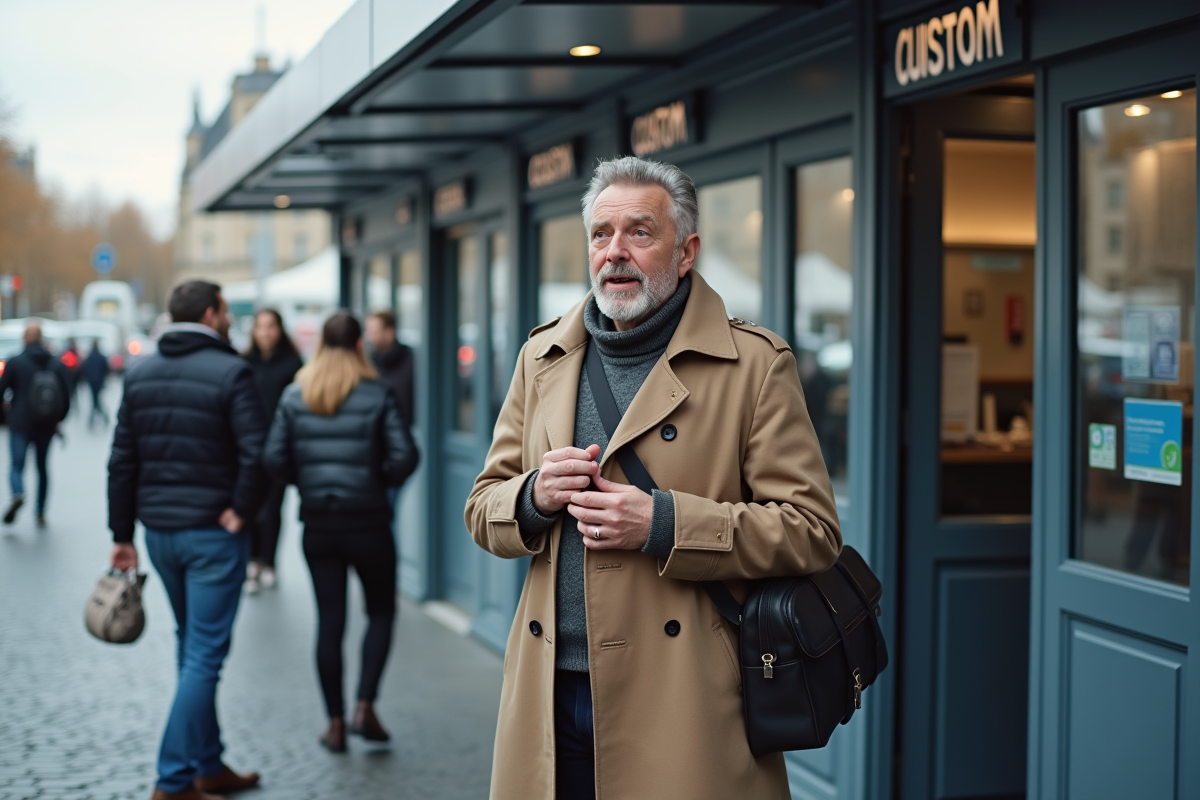 Homme confiant répondant aux questions à la douane en extérieur