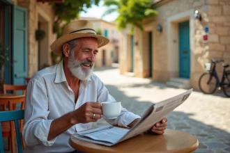 Homme grec assis à une taverna à Chalki souriant