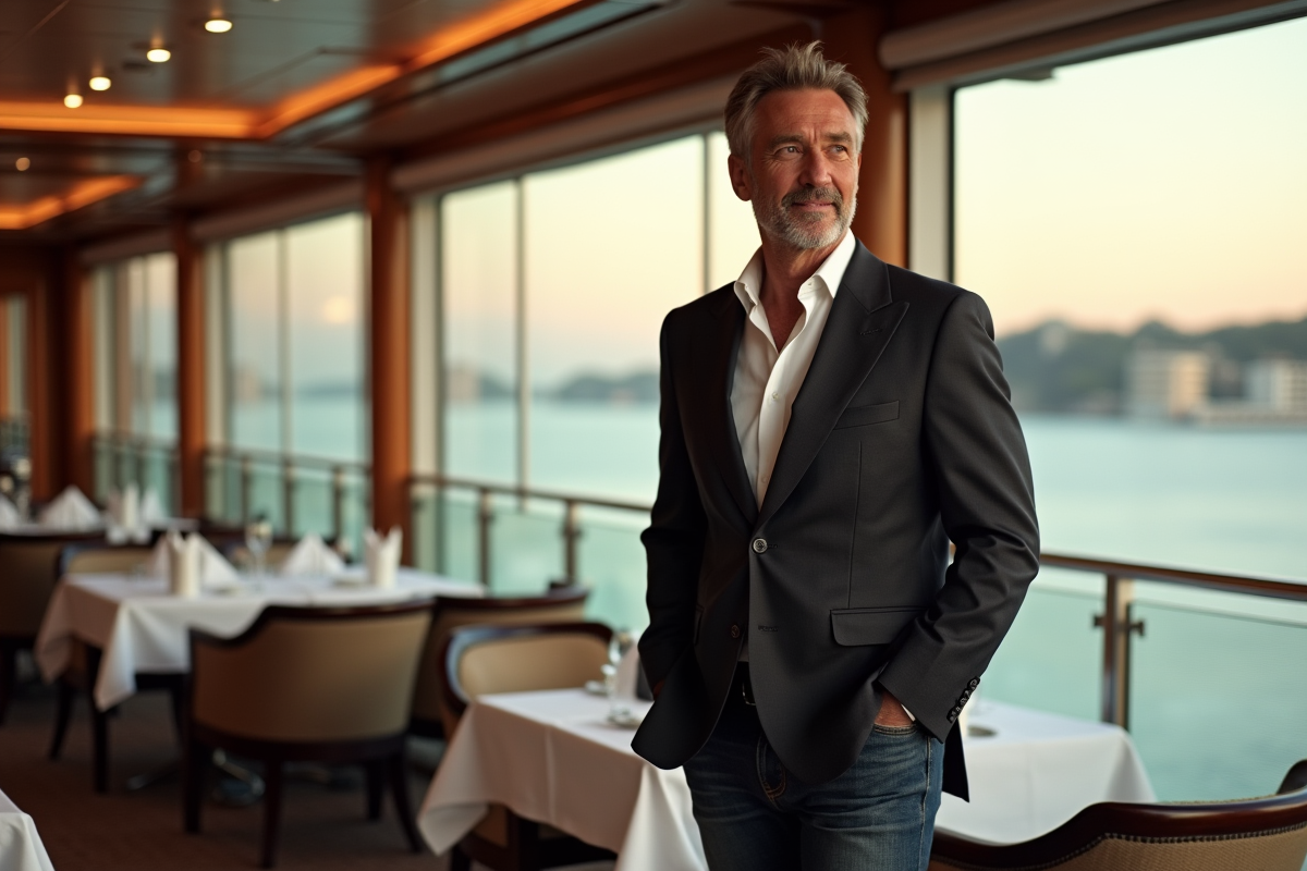 Homme en jeans et blazer regardant par la fenêtre du bateau
