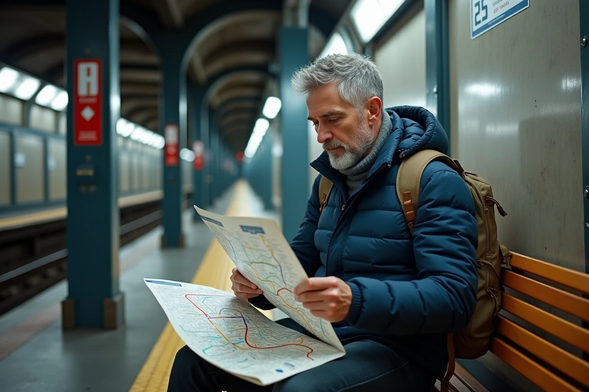 Homme assis sur un quai du métro berlinois étudiant une carte papier du réseau U-Bahn