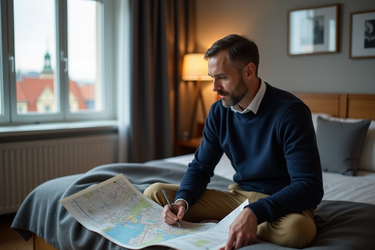 Homme planifiant son voyage avec carte à Prague