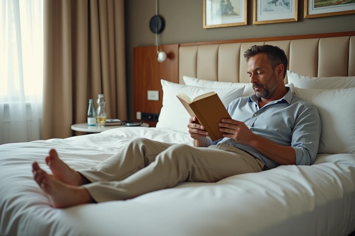 Homme détendu lisant un livre dans une chambre d