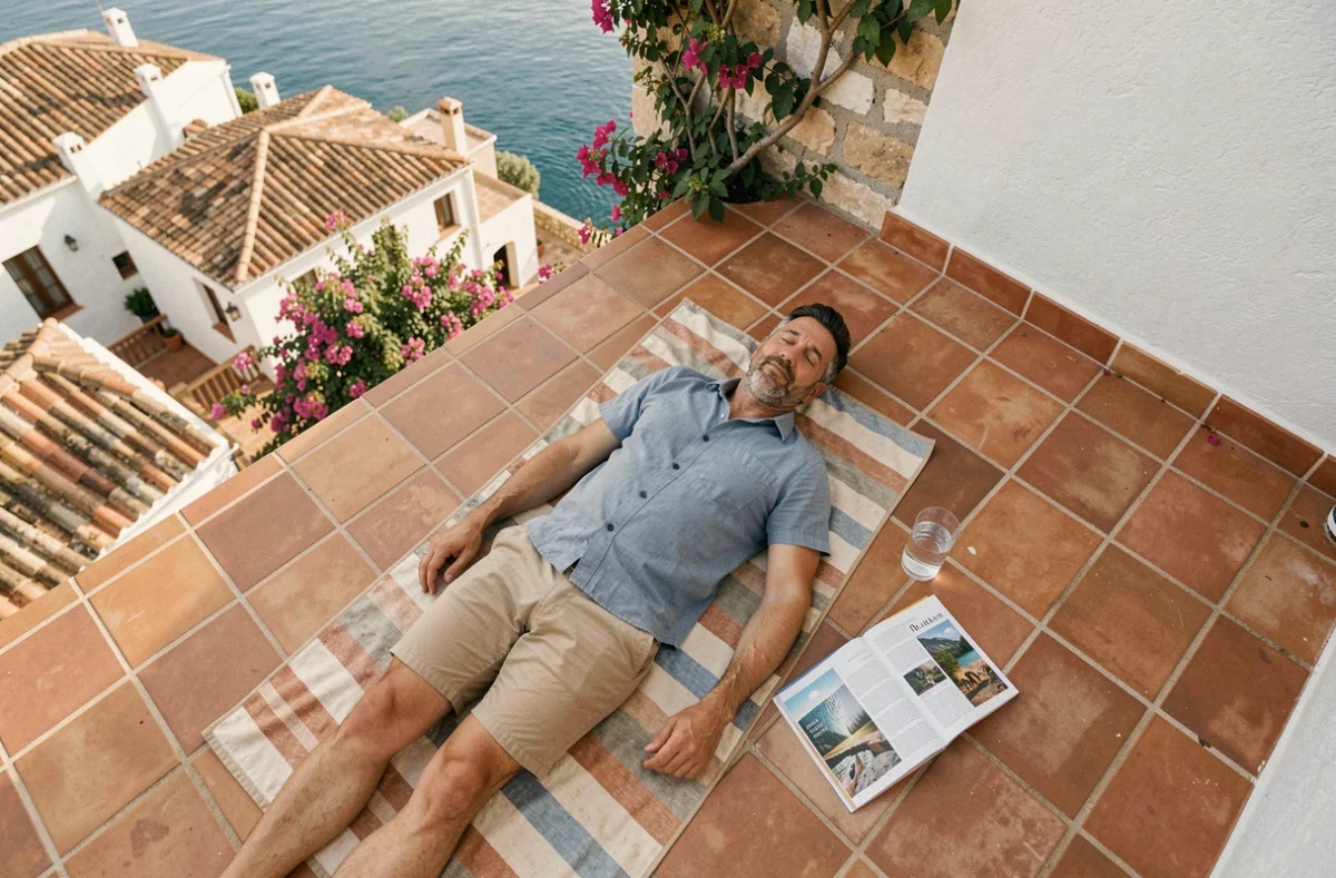 Vue aérienne d'un homme se reposant sur une terrasse méditerranéenne avec vue sur la mer, ambiance vacances pas chères en septembre