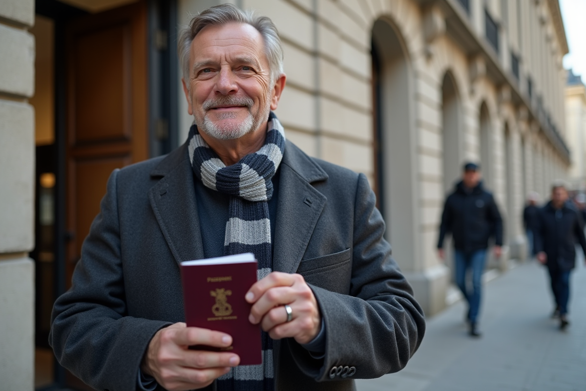 Homme souriant avec son nouveau passeport devant un bâtiment administratif