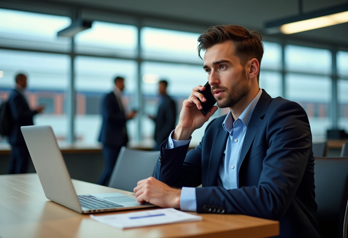 Jeune homme en costume dans une gare moderne