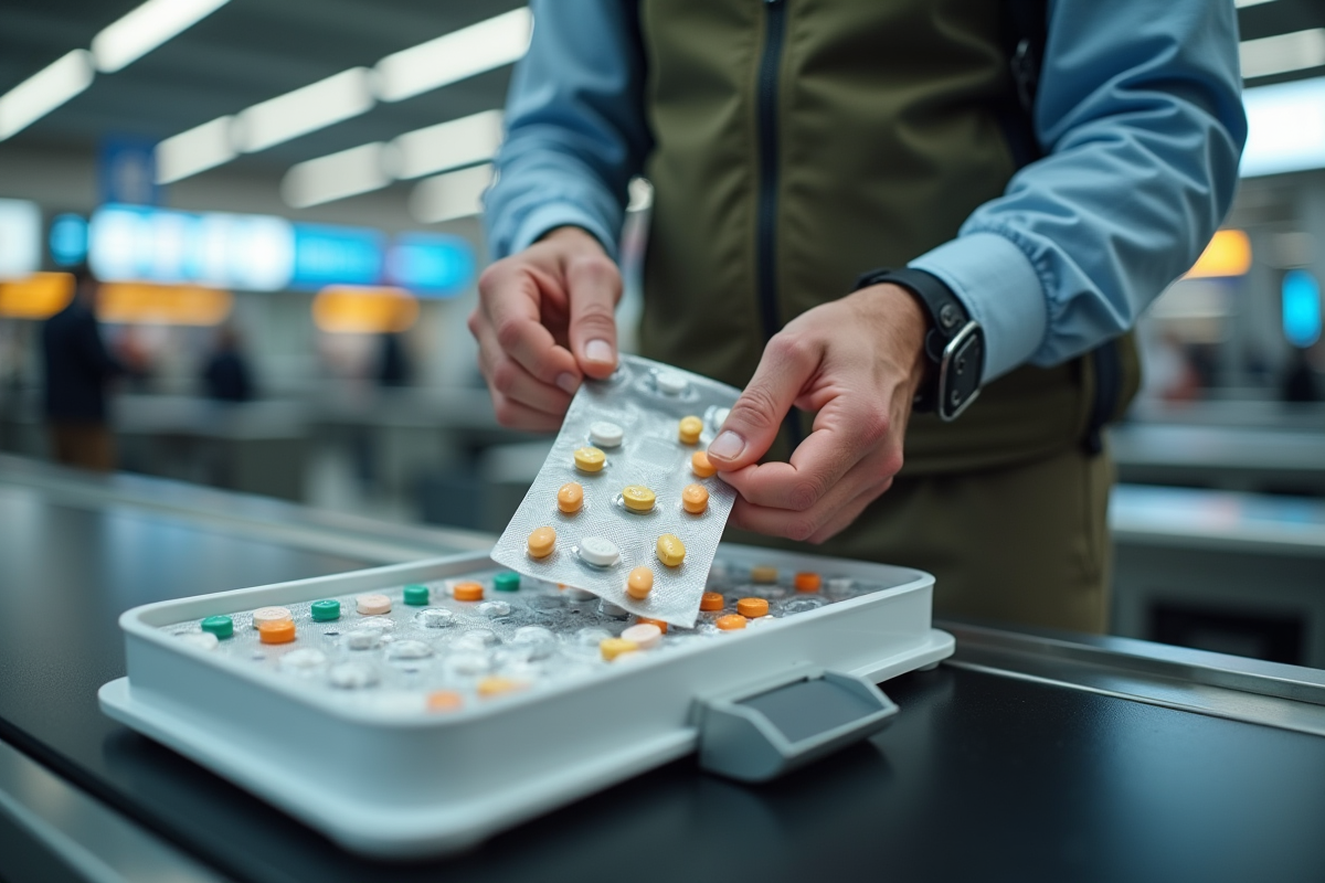Homme plaçant un sac de médicaments dans le bac de sécurité