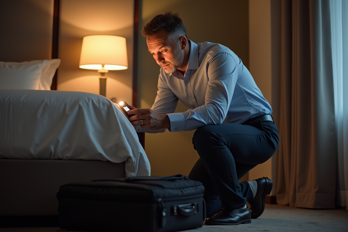 Homme utilisant son smartphone pour vérifier l’éclairage dans une chambre d