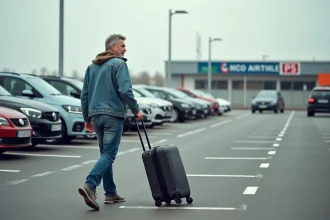 Homme d'âge moyen avec valise devant parking Toulouse